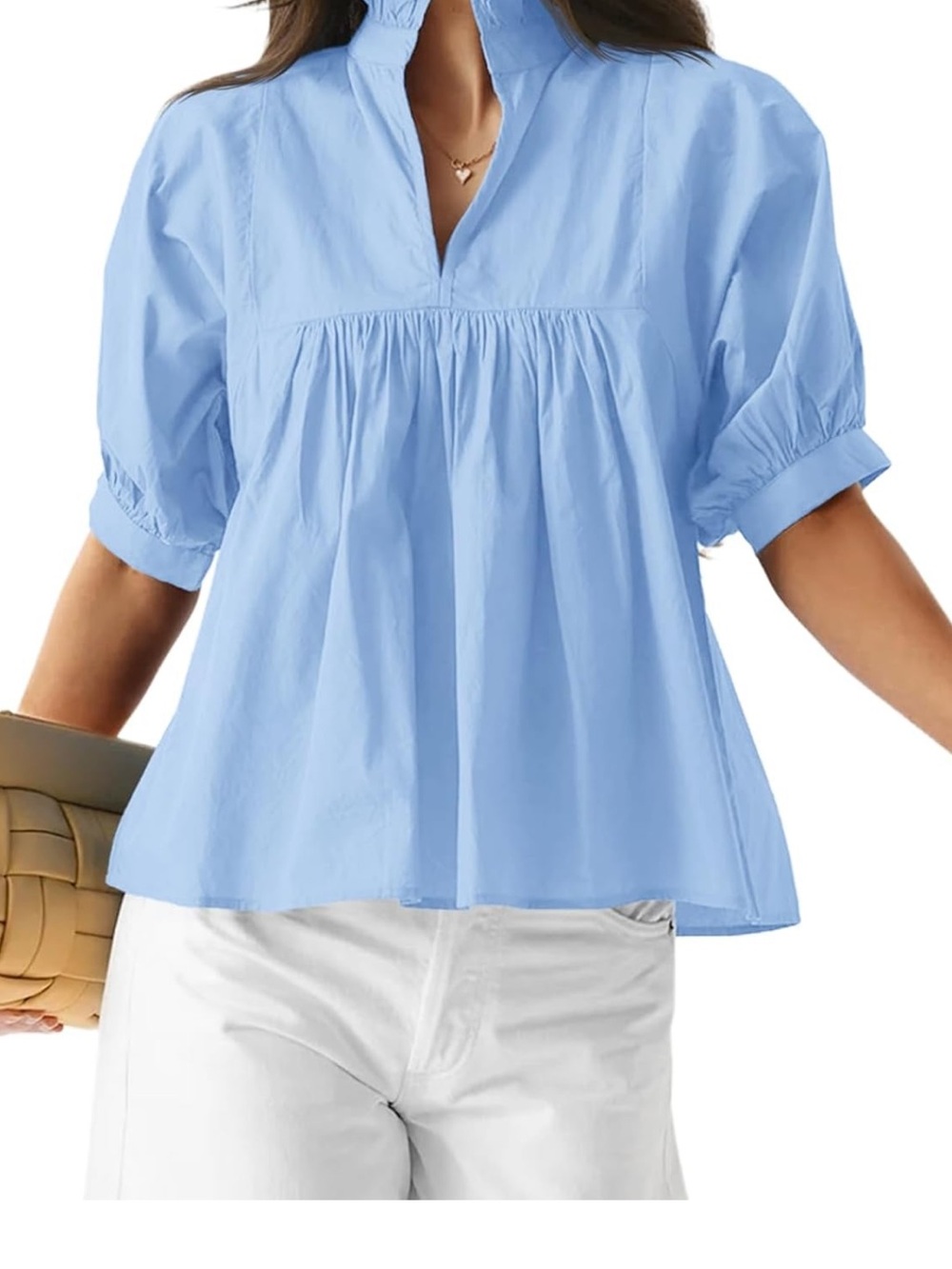 Light Blue Women's V-Neck Gathered Puff Sleeve Blouse